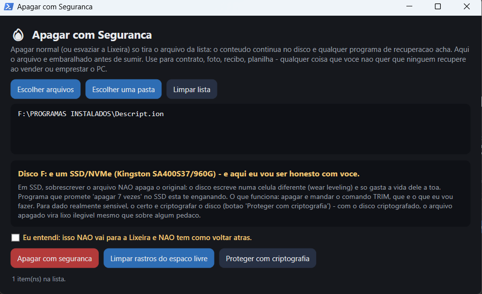 Apagar com segurança, com aviso sobre SSD